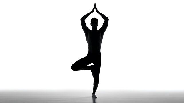 Silhouette in Balance: A captivating black and white silhouette of a person gracefully poised in the tree pose, harmonizing mind, body, and spirit.