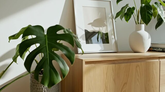 A serene indoor setting with potted plants on a wooden sideboard and floor