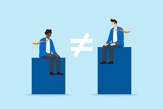 Flat illustration of two businessmen sitting on unequal platforms divided by inequality symbol representing racism social gap economic disparity unfair opportunity and discrimination