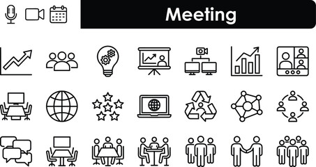 Meeting line icons set, teamwork conference webinar, business communication outline vector symbols