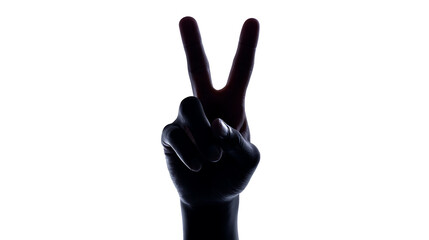 Fototapeta premium Silhouette Hand Gesture: A stark silhouette of a hand, forming the peace sign with extended index and middle fingers. This image embodies a message of unity.
