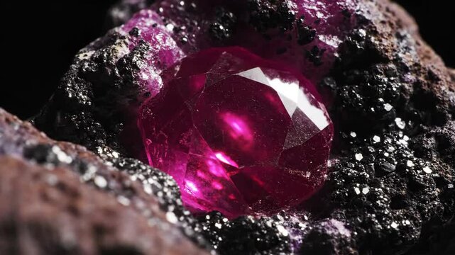 Close-up sequence of pink ruby gemstone in dark rock matrix. Faceted crystal sparkling under light. Precious mineral extraction and jewelry design concept