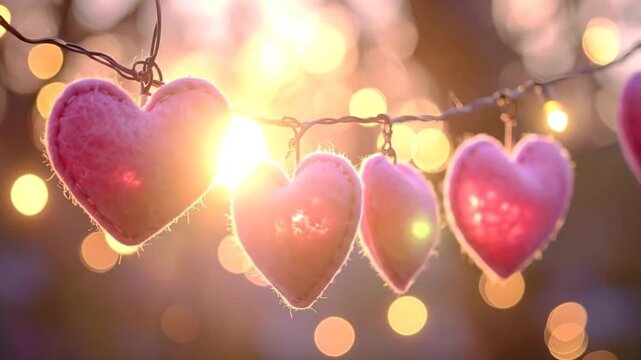 Romantic string lights with pink heart-shaped decorations, perfect for Valentine's Day.