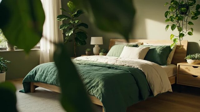 Cozy bedroom with green bedding and plants around a wooden bed frame with a window