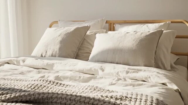 Cozy bedroom with a neatly made bed and a wooden frame with white sheets and pillows and a gray blanket