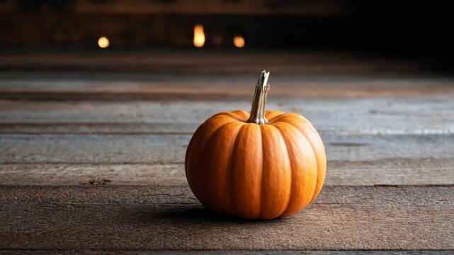 Animated pumpkin appearing on wooden surface with warm glowing lights. Autumn harvest scene evoking seasonal coziness and fall decorations concept