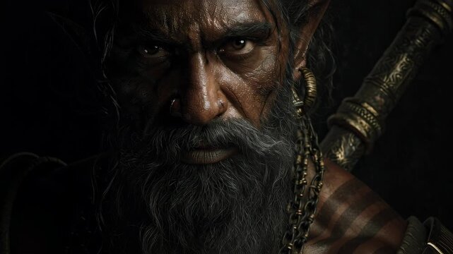 Intense Close-up of Parshuram, a Warrior with Traditional Jewelry and Weapon for Parashurama Jayanti and Akshaya Tritiya Celebration