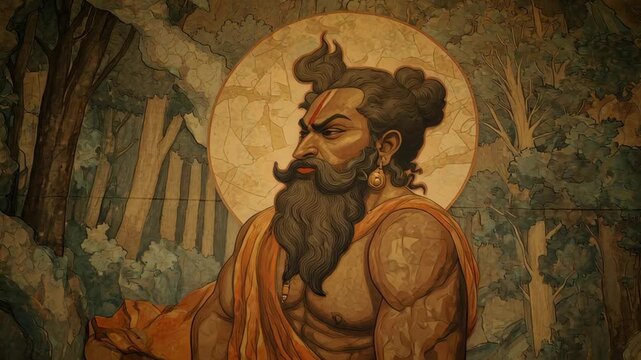 Majestic Artistic Portrait of Parshuram with Traditional Attire and Sacred Aura in Forest Setting for Religious Celebrations