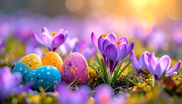 Easter Eggs and Crocus Flowers in Spring Sunlight.