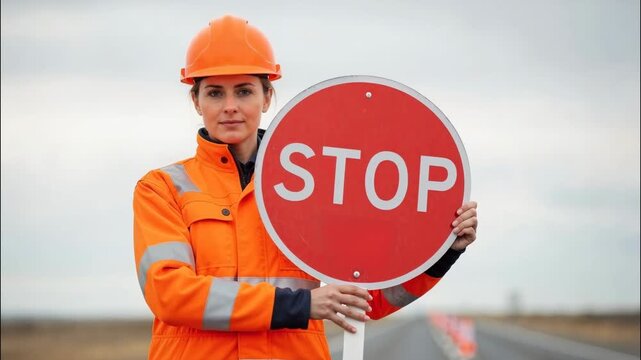 Female road worker holding a stop sign. Construction woman in orange safety jacket and hard hat on a highway. Traffic control and road safety concept