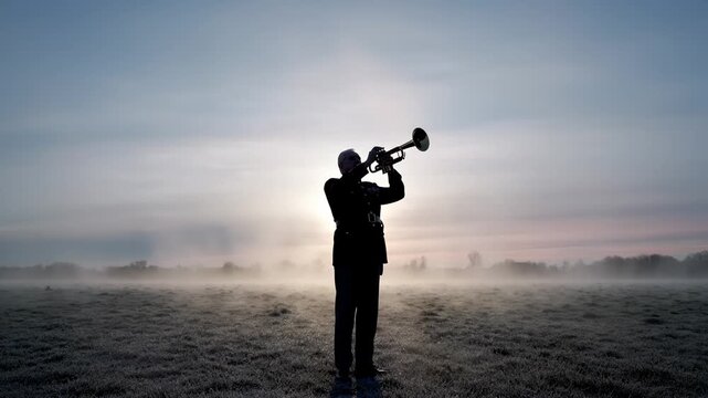 Soldier Silhouette Playing Bugle in Misty Field at Sunrise or Sunset