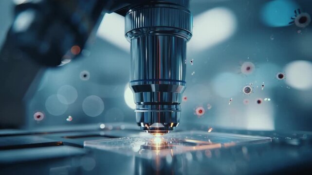 Close-up of a modern laboratory microscope with floating virus particles in a scientific research environment