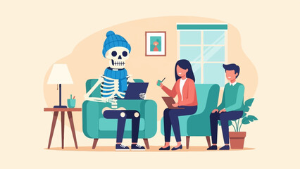 Fototapeta premium Skeleton in cozy attire consults with two humans on a couch