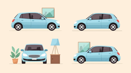 Naklejka premium Three blue cars shown from different angles with indoor elements