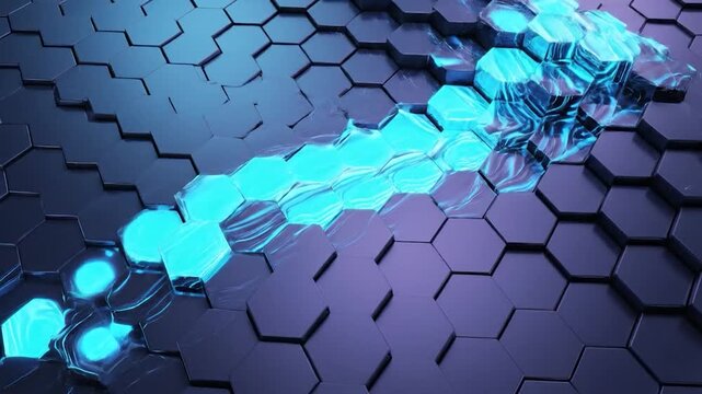 Abstract geometric pattern of 3D hexagons with blue illuminated flow across the surface