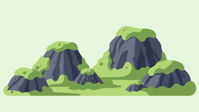 Stylized moss-covered rock formations against a pale green backdrop
