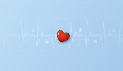 Red heart 3D icon on blue clinical background with white heartbeat ECG line, medical icons and grid. Perfect for cardiology health care, pulse monitoring, medical insurance and wellness concept.