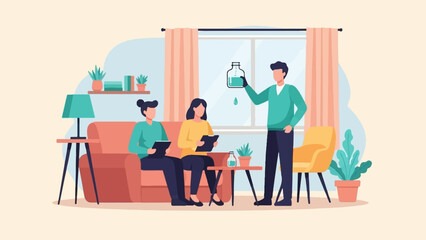 Fototapeta premium Three people in a room, one demonstrating liquid in a flask