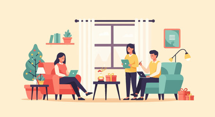 Fototapeta premium Three people working on laptops in a cozy room with a Christmas tree and gifts