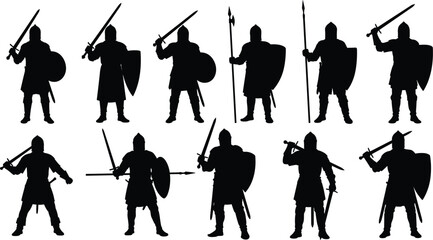 Obraz premium Black silhouettes of medieval warriors with swords shields and spears on white background