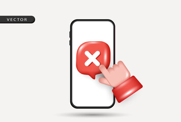 3D smartphone with red cross speech bubble icon and clicking hand. Vector illustration for mobile app error, reject, cancel, false information, fraud alert and user interface interaction concept.