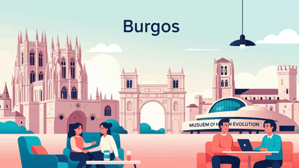 Fototapeta premium Two couples relax in outdoor seating with a city skyline of historic buildings