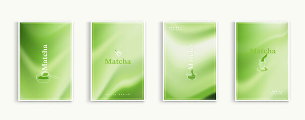 Obraz premium Matcha green tea background templates with soft liquid waves and organic leaf line art. Vector illustration for healthy drink banner, tea ceremony poster, zen wellness and cosmetic packaging design.