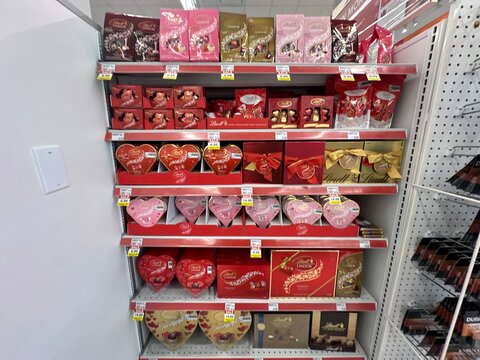 Valentine&rsquo;s Day Retail Displays Inside Store. Shoppers Drug Mart. February 1, 2026. Strathmore, Alberta, Canada. For Editorial Use Only.