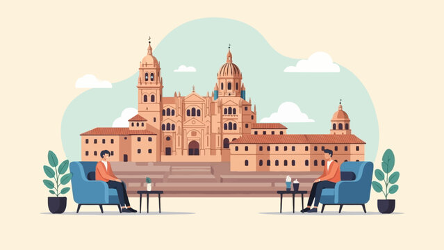 Two men relax in armchairs outside a grand European cathedral in soft daylight