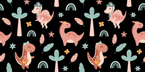 Coquette pink dinosaurs seamless pattern. Cute dino girl and tropical plants, Prehistoric animal background, Jurassic character repeat illustration. © JulzaArt