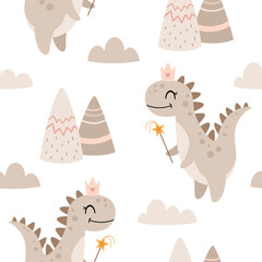 Kids seamless pattern with dinosaur girl, mountains and clouds. Cute dino fairy, princess, Prehistoric animal background, Jurassic character vector illustration. © JulzaArt