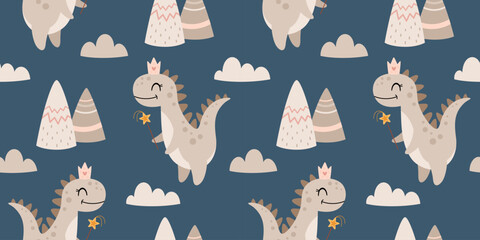 Kids seamless pattern with dinosaur girl, mountains and clouds. Cute dino fairy, princess, Prehistoric animal background, Jurassic character vector illustration. © JulzaArt