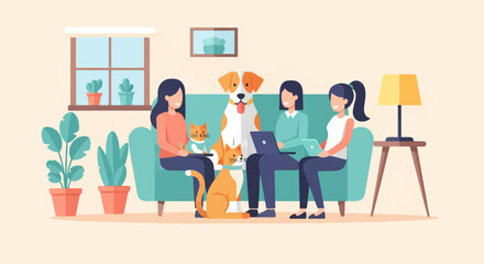 Three women and pets relaxing on sofa, using laptops, in a cozy room