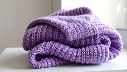 Close-up of a neatly folded chunky knit lavender sweater.