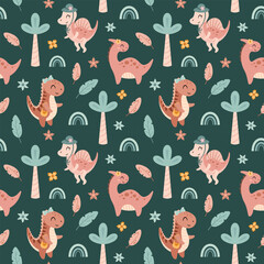 Coquette pink dinosaurs seamless pattern. Cute dino girl and tropical plants, Prehistoric animal background, Jurassic character repeat illustration. © JulzaArt