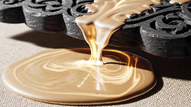 Intricate dark wood arabesque pattern carved with ornate scrolls and glistening resin-like sheen