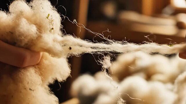 A person is separating and processing a bundle of fluffy white material