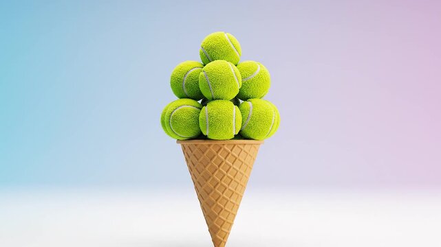 Abstract green spheres arranged as ice cream cone shape on pastel background representing creative imagination playful design and modern visual concept