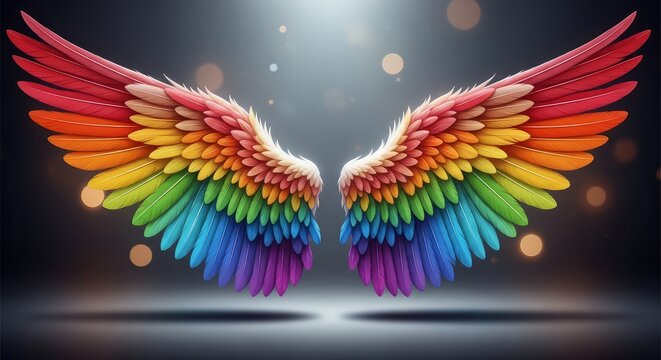 Vibrant rainbow colored wings spread wide with feathers shining in sunlight on dark background with bokeh lights 