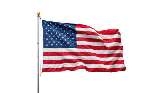 American flag waving on silver pole with gold finial red white and blue colors isolated on white background