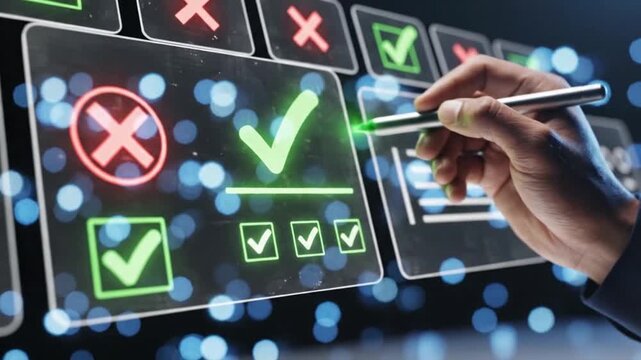 Hand using stylus to select options on futuristic interface with glowing checkmarks and crosses dynamic motion footage for technology concept