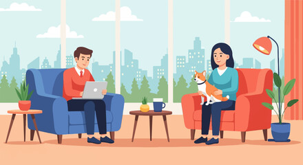 Fototapeta premium Two people and a dog relaxing in armchairs by a large window overlooking a city