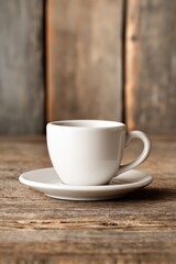 Obraz premium A simple white coffee cup rests on a white saucer against a rustic wooden background, creating a warm and inviting atmosphere.