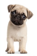 Fototapeta premium An adorable pug puppy with large, expressive eyes stands upright, showcasing its playful and affectionate nature against a white background.
