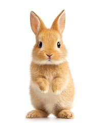 Obraz premium A cute, fluffy rabbit stands upright, showcasing its soft fur and large ears against a plain white background.