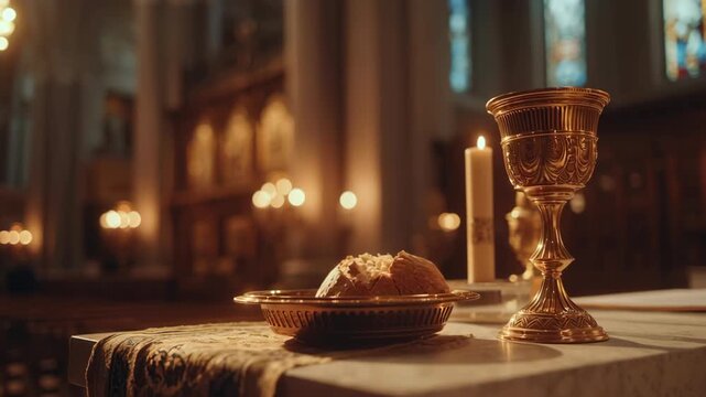 Elegant church altar with golden chalice  candle  and communion bread during religious service  warm ambient lighting  stained glass in background
