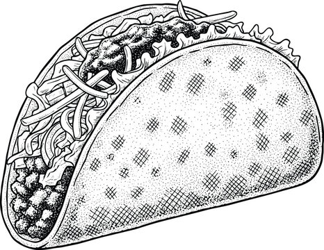 Engraving art black and white engraving style illustration of a crunchy taco vector