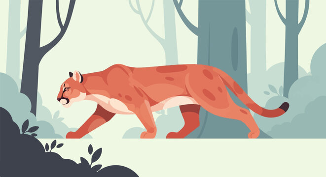 Stylized cougar walks through a misty, abstract forest with muted colors