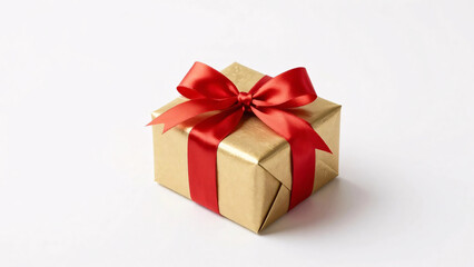 Fototapeta premium A luxurious gold square gift box wrapped with a vibrant red satin ribbon and bow sits isolated on a white background, creating a premium look perfect for Christmas or holiday mockups.