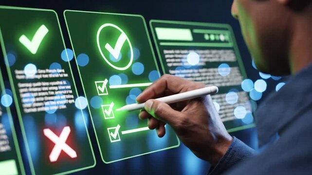 Digital survey completion with glowing checklist interface showing checkmarks being selected on futuristic touchscreen technology for business decisions and voting concepts.